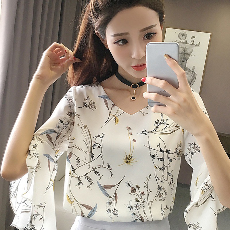 [Baywellfashion]Áo họa tiết hoa cổ V tay loa chất liệu chiffon thanh lịch cho nữ | BigBuy360 - bigbuy360.vn