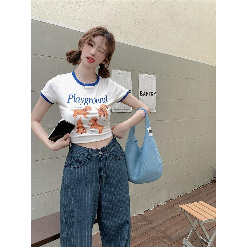 Áo Thun Nữ Tay Ngắn Dáng Ôm In Hình Cún Dễ Thương 51086