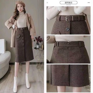 Chân váy dạ dài túi lệch kèm đai