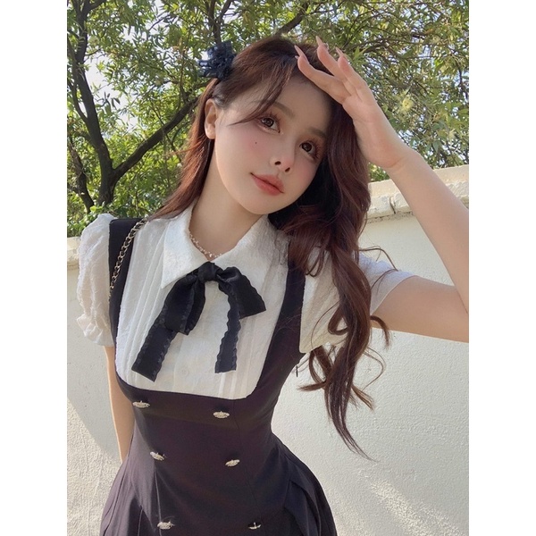 Váy sơ mi phối màu đen trắng cổ polo ngắn tay chiết eo