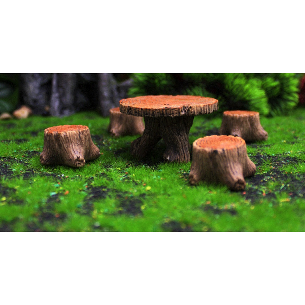 Trang trí tiểu cảnh terrarium gốc cây nâu đậm làm bàn ghế decor chậu cây, sen đá, bonsai