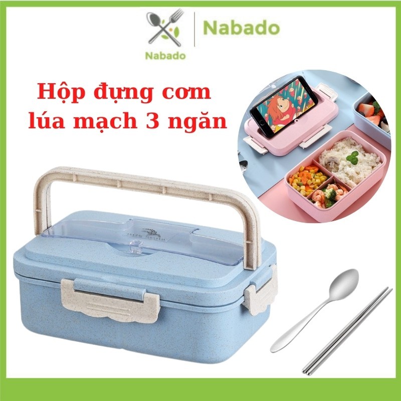 Hộp Đựng Cơm Chia 3 Ngăn Lúa Mạch Giữ Nhiệt Tặng Kèm Đũa Thìa