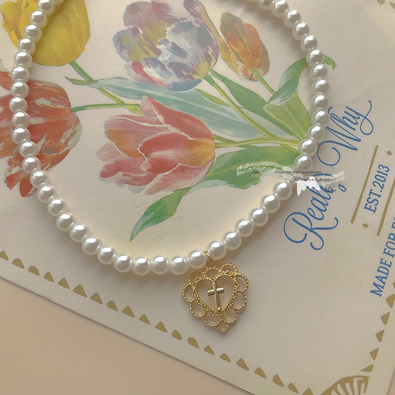 Vòng Cổ choker Mặt Chữ Thập Đính Hạt Giả Ngọc Trai