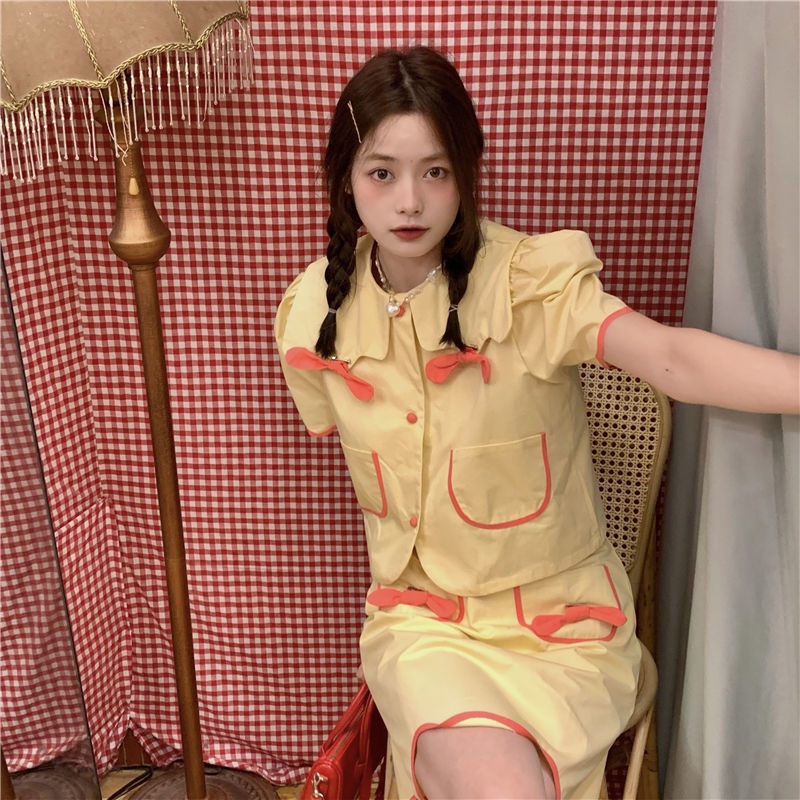 Set Áo Sơ Mi Cổ Búp Bê Thắt Nơ + Chân Váy Lưng Cao Phong Cách Nhật Bản Thời Trang Cho Nữ