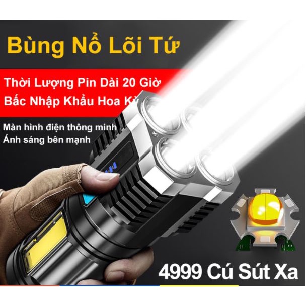 Đèn Pin Cầm Tay Chiếu Xa Siêu Sáng 4 Bóng 4 Chế Độ, Sạc USB Tiện Dụng Mang Theo Du Lịch