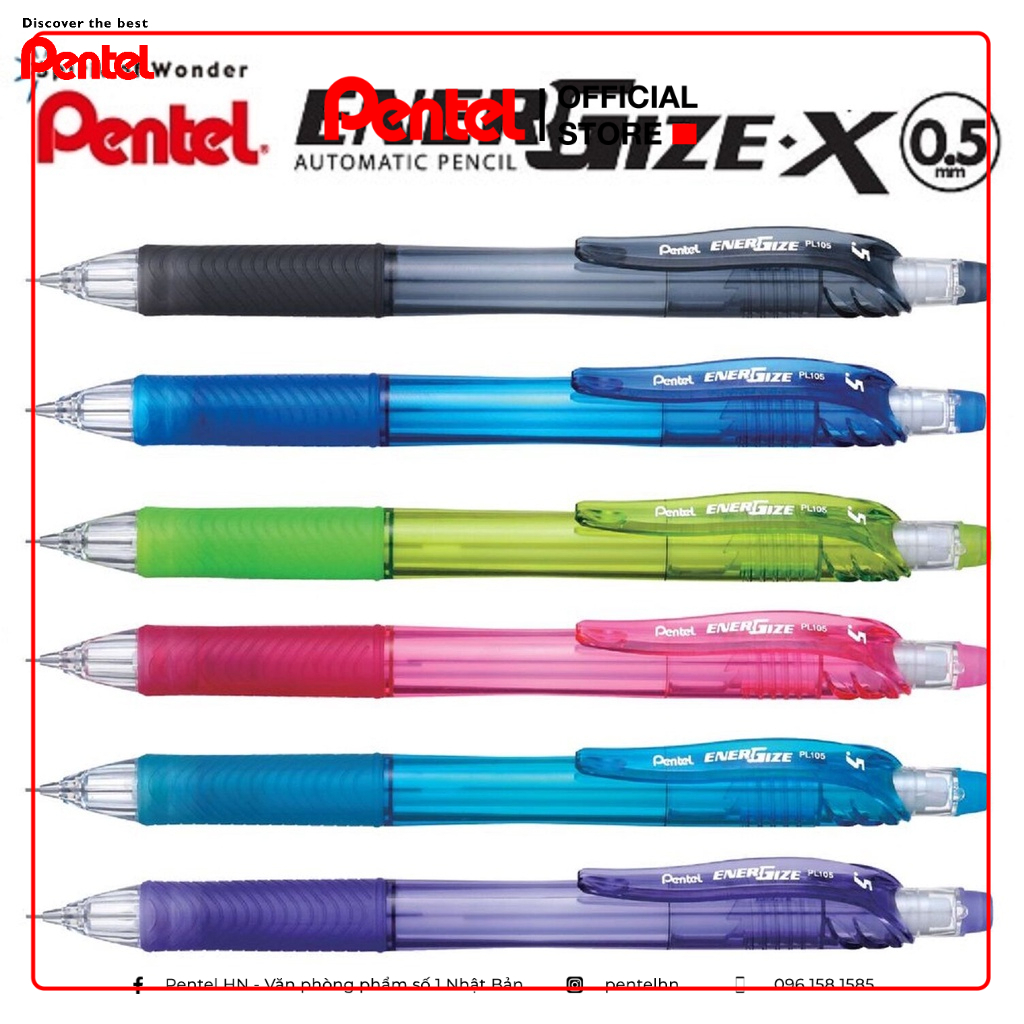 Bút Chì Kim Pentel EnerGize PL105 Ngòi 0.5mm | Vỏ Nhựa Tay Cầm Có Lót Bọc Cao Su | Cầm Viết Chắc Chắn | Có Gôm Tẩy |
