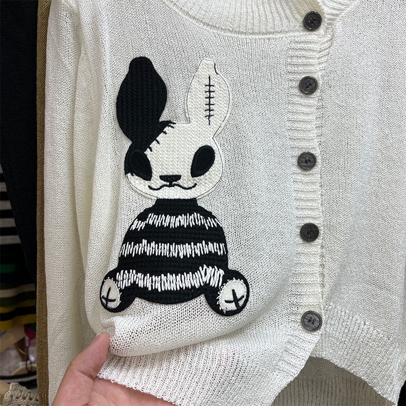 Áo Cardigan Dệt Kim Tay Dài Kẻ Sọc Thêu Hình Thỏ Phong Cách Hàn Quốc Thời Trang Mùa Thu Cho Nữ