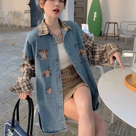 ZHELIHANGFEI Áo Khoác Sơ Mi Denim Tay Dài Dáng Rộng Kẻ Sọc Kiểu Retro Cá Tính