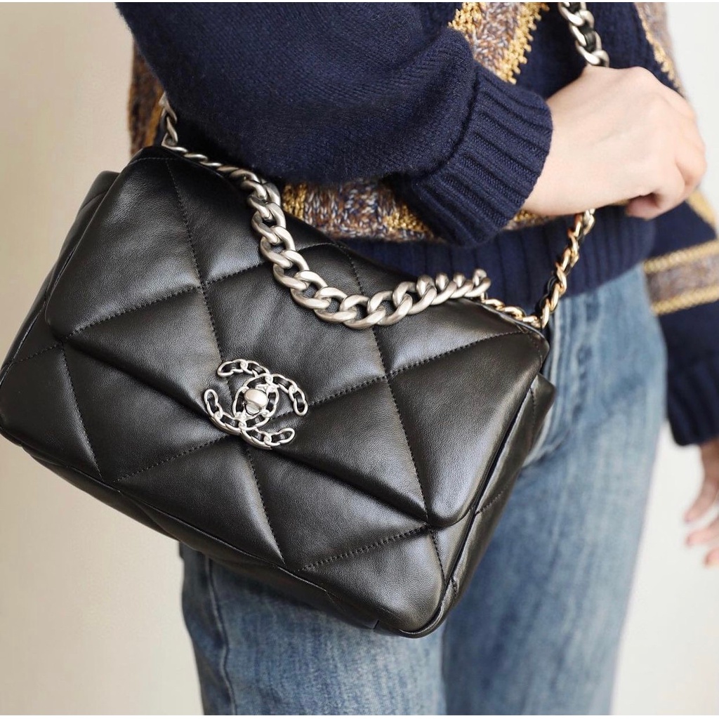 Túi Xách Nữ Thời Trang Túi Đeo Chéo C19 Ô Trám Đen 2022 Xích Bạc Có Hộp Nam Châm