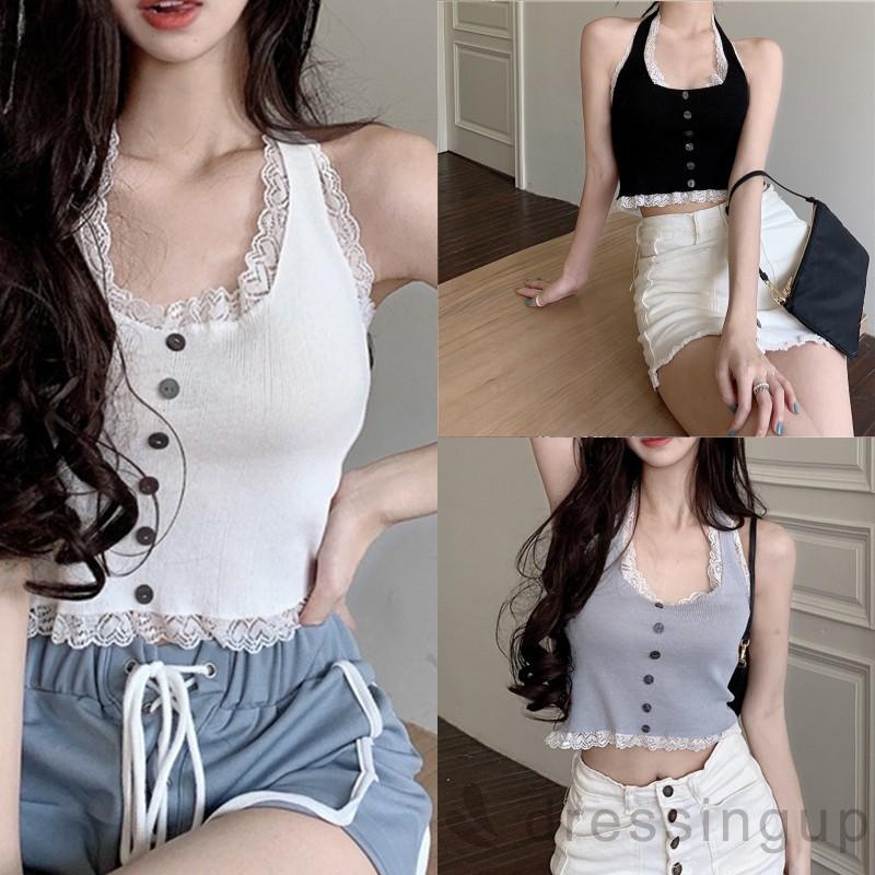 Áo ba lỗ croptop nữ màu phối ren trang trí nút áo phía trước