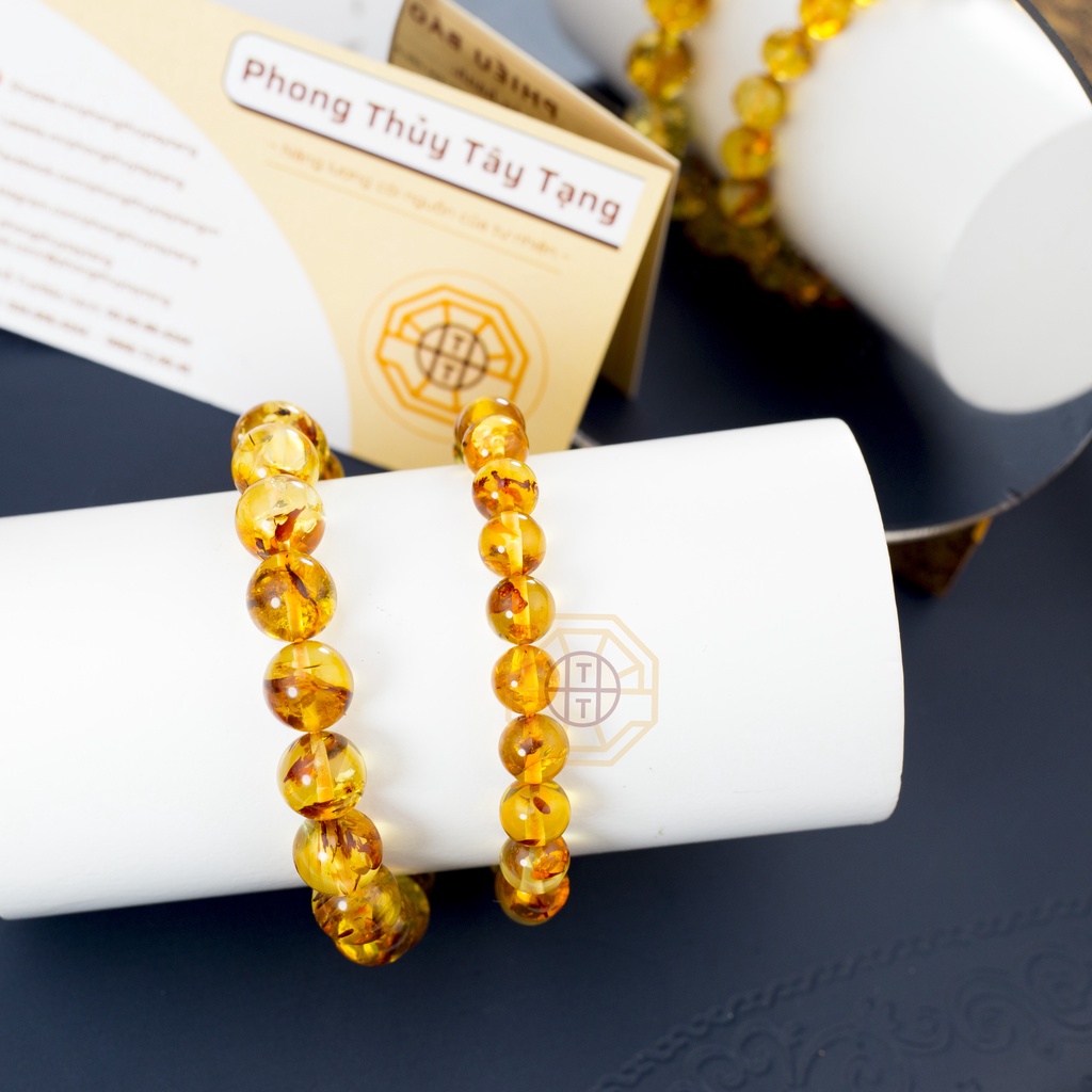 Vòng Tay Phong Thủy Hổ Phách Amberr Tự Nhiên [TẶNG HỘP GỖ] nam nữ mệnh Thổ Kim - Phong Thủy Tây Tạng