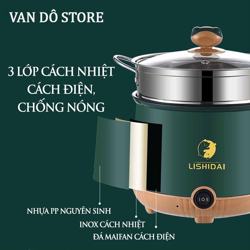 Nồi Hấp, Lẩu, Xào, Chiên Bằng Điện Lishidai Có Xửng Hấp 2 Tầng Kt : 22 x 18 x 14cm (Ảnh thật)