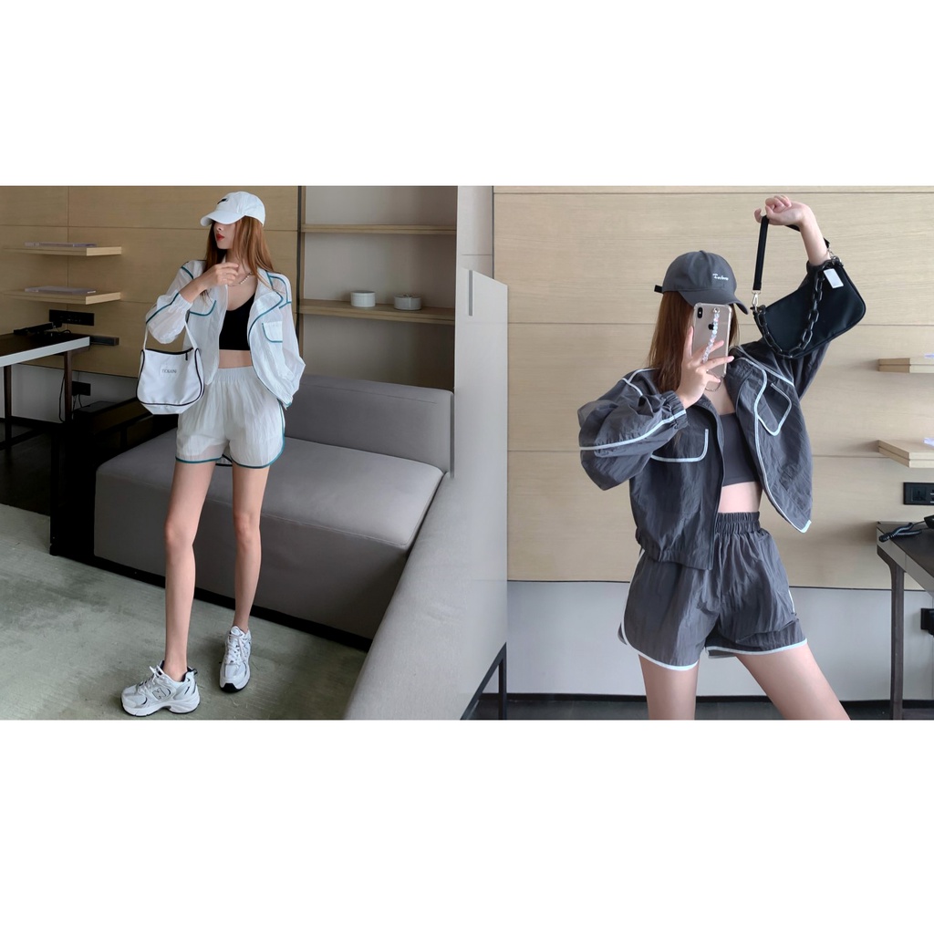 Hàng Có Sẵn Chất Lượng Cao Áo Khoác Thể Thao Chống Nắng Dáng Rộng Cổ Đứng Tay Cánh Dơi Màu Sắc Tương Phản + Quần Short Lưng Cao Phong Cách Hàn Quốc Thường Ngày