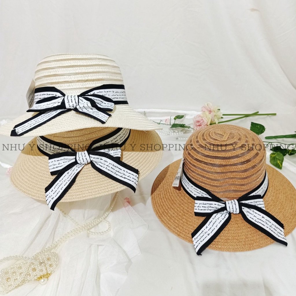 Nón cói,mũ cói nữ đi biển vành nhỏ phối lưới nơ viền sọc in chữ tiểu thư sang chảnh-q12m viền sọc chữ