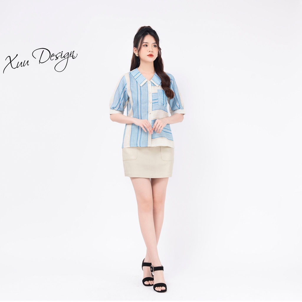 Áo kiểu nữ công sở kẻ xanh Xuu, thiết kế túi ngực tơ mềm Xu16
