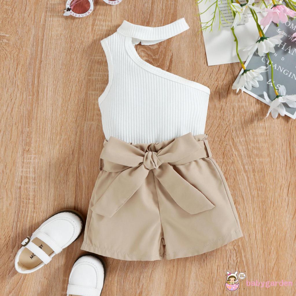 BABYGARDEN-6months-4years Baby Girls Clothes Set, Halterneck Oblique Shoulder Sleeveless Vest + Shorts + Waist Belt