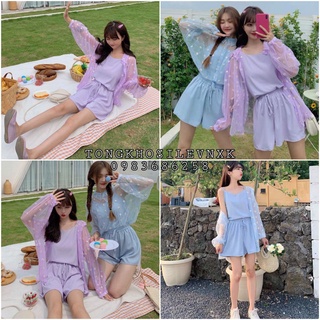 SET 3 MÓN HOA CÚC XANH TÍM - SET SƠ MI VOAN REN HOA CÚC MIX ÁO 2 DÂY + QUẦN ĐÙI ĐŨI TÍM XANH ULLZANG