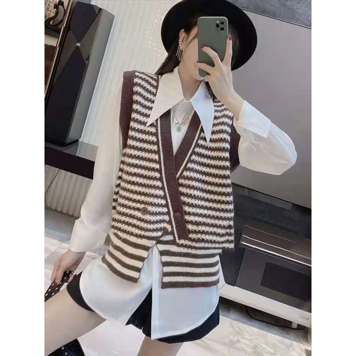 Áo Gile (Ghi lê) Len Kẻ Ngang 2 Cúc | BigBuy360 - bigbuy360.vn