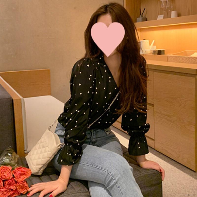 Áo Sơ Mi Nữ Tay Dài Cổ Chữ V In Hình Trái Tim Thời Trang Hàn Quốc