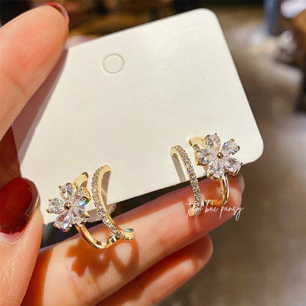 Bông tai bạc nữ hoạ tiết hoa kẹp vành - Khuyên tai nữ bạc ta cao cấp PANSY