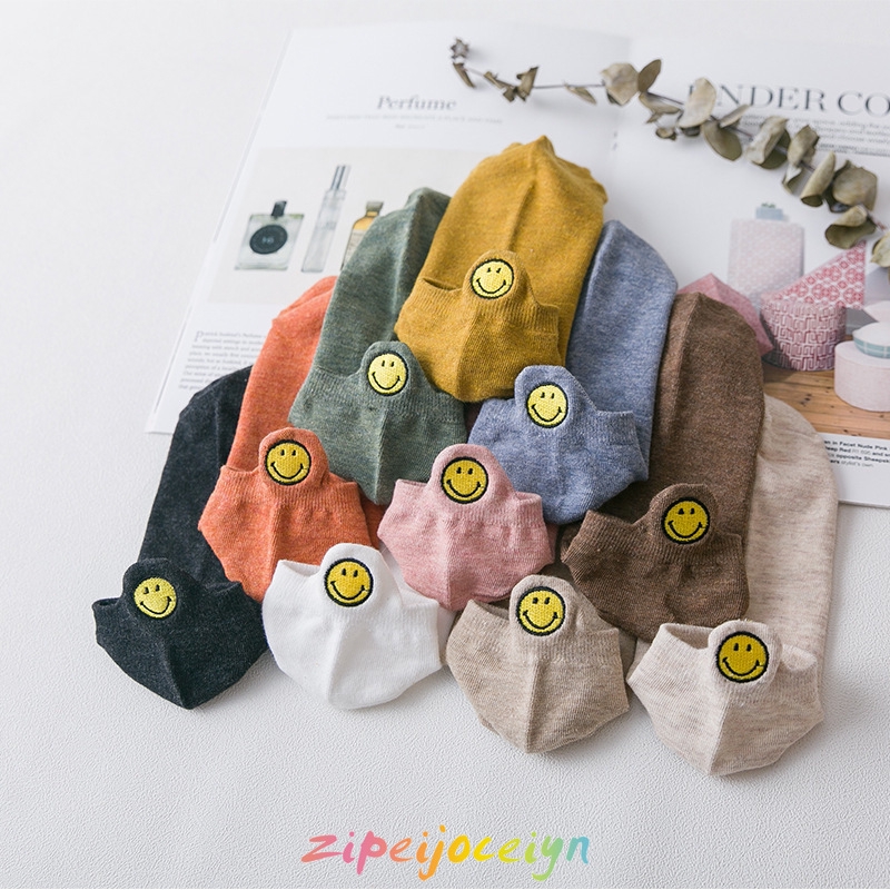 Vớ cotton nguyên chất cổ thấp thêu hình mặt cười phong cách hàn quốc