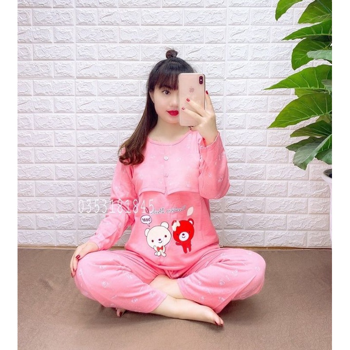 Bộ Đồ Bầu Sau Sinh Dài Tay Mặc Nhà Cho Mẹ, Quần Chỉnh Chun, áo mở ngực cho bé ti