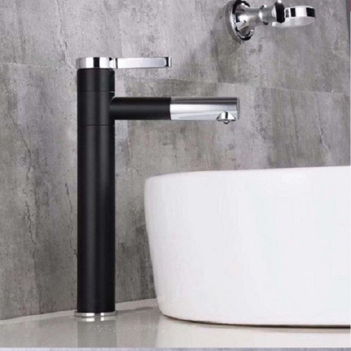 Vòi Lavabo, vòi chậu rửa mặt nóng lạnh điếu mỏ xi sơn tính điện Đen Bạc chất liệu đồng cao cấp