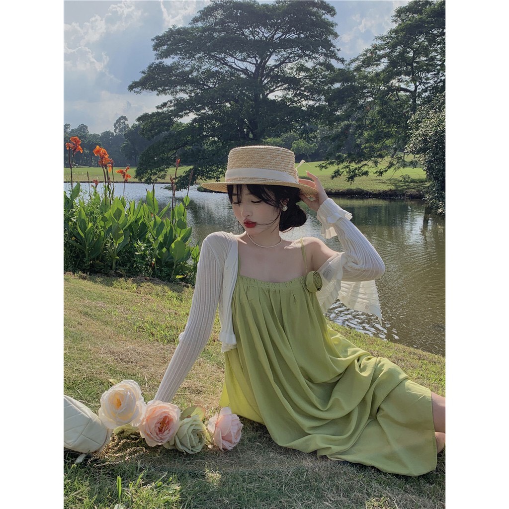 （Hàng Quảng Châu)Váy maxi hai dây màu xanh bồng bềnh đi biển sang chảnh thời trang cao cấp MX1