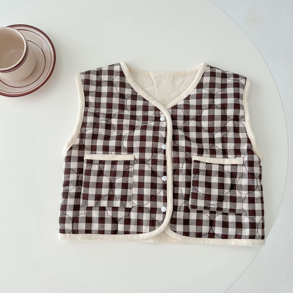 Áo Khoác Cotton Không Tay In Họa Tiết Caro Dễ Thương Phong Cách Hàn Quốc Cho Bé