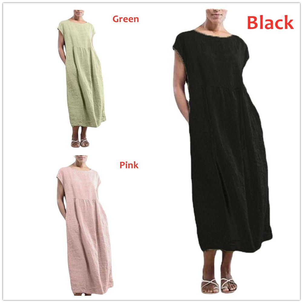 Đầm Dài Vải Lanh Cotton Tay Ngắn Màu Trơn Plus Size Cho Nữ