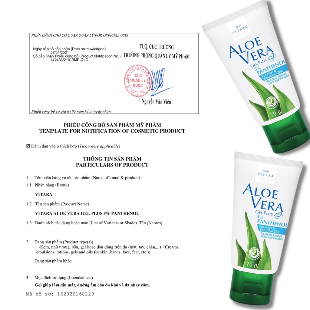 Gel thoa da bị kích ứng Vitara Aloe Vera thích hợp cho da khô, sần sùi, bị bỏng, cháy nắng 70g hoặc 120g