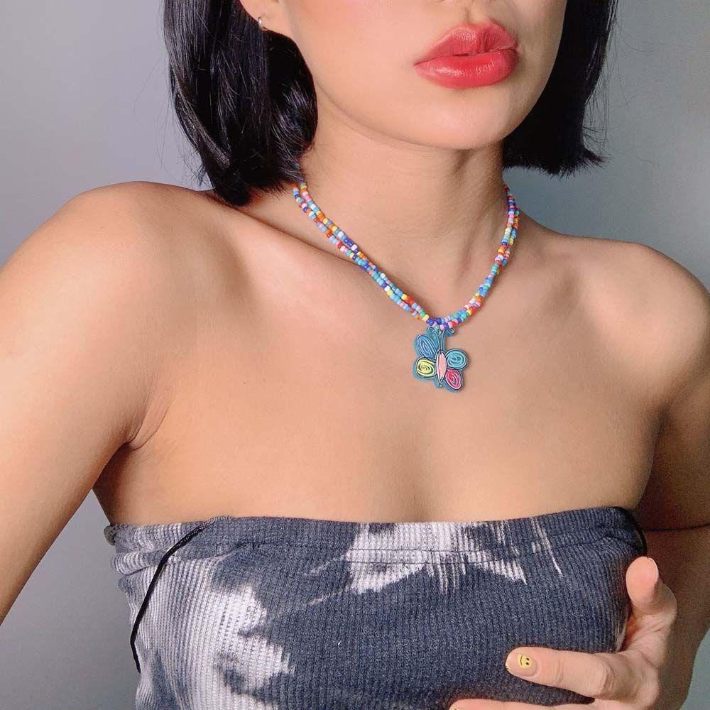Vòng cổ Hai Lớp Xỏ Hạt Nhiều Màu Sắc Họa Tiết Hoa Bướm Phong Cách Bohemian Thời Trang Mùa Hè Hàn Quốc