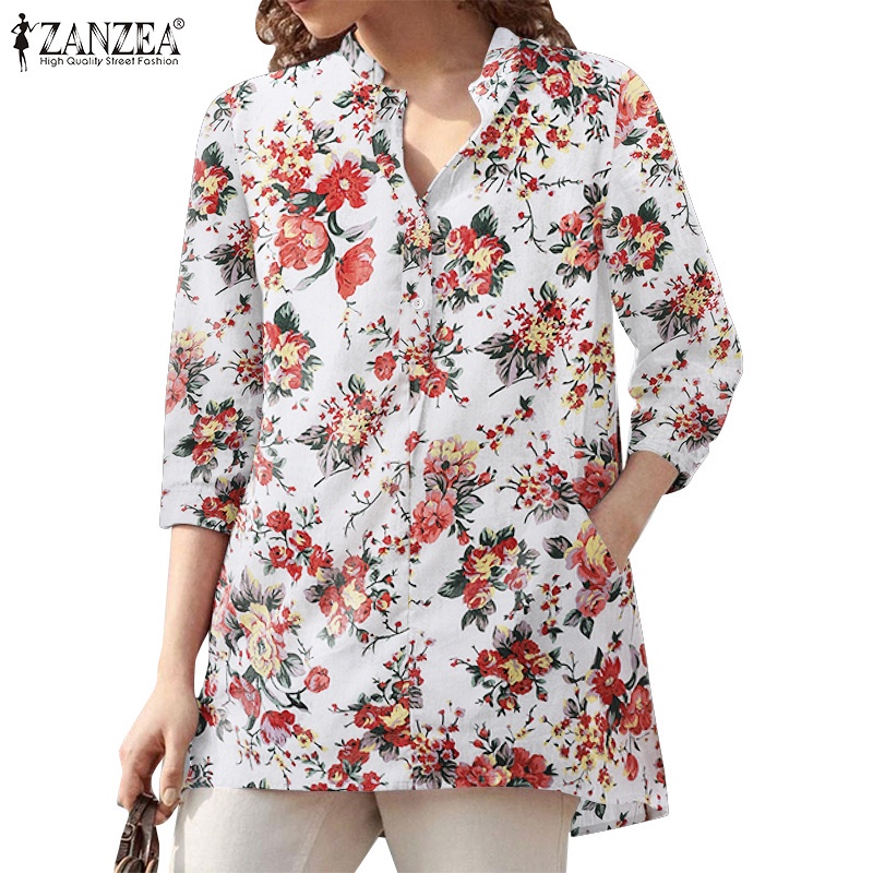 Áo kiểu ZANZEA tay áo 3/4 cổ chữ V in họa tiết hoa đơn giản kiểu vintage dễ phối đồ cho nữ