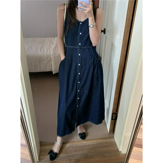 74695 Đầm Denim cổ chữ V đơn giản cổ chữ V phong cách Hàn Quốc