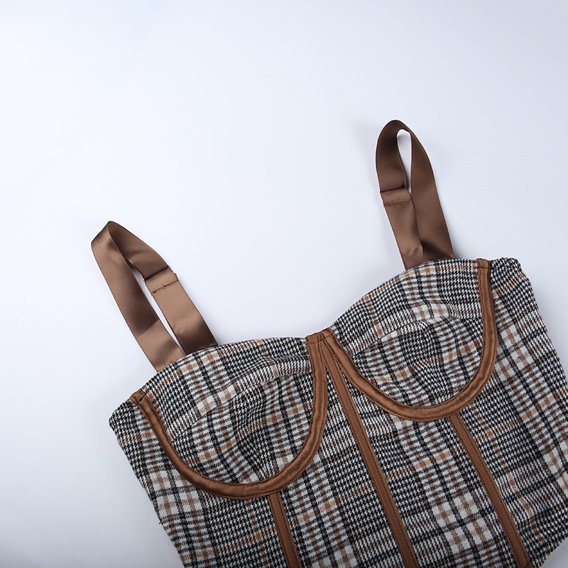 DUNEA Áo kiểu hai dây dáng ngắn họa tiết kẻ sọc ca rô phong cách retro thời trang cho nữ