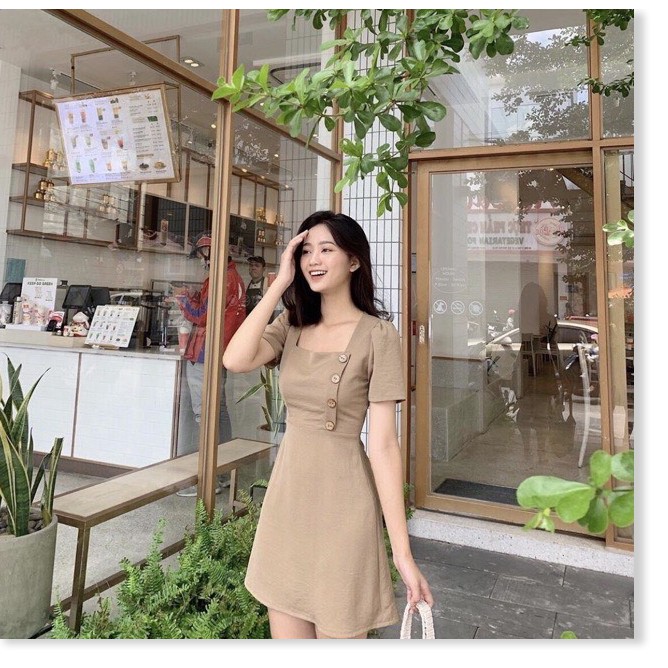 ĐẦM SUÔNG NỮ PHỐI NÚT CỔ VUÔNG TAY LỠ MẪU MÃ TRẺ TRUNG DỄ MẶC CỰC XINH