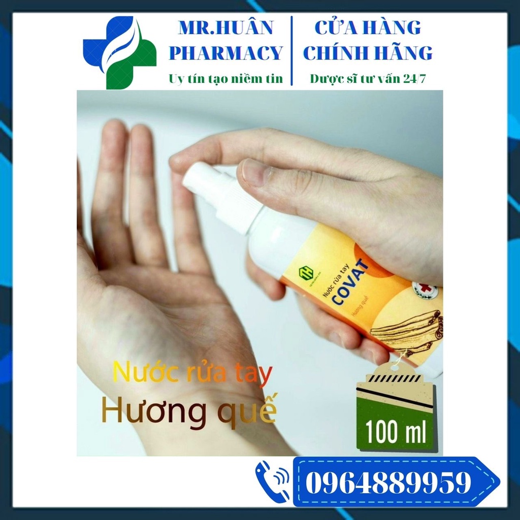 Nước rửa tay khô Covat 100ml - Hương quế, chiết xuất Nano Bạc làm sạch da tay và tạo hương thơm tự nhiên.