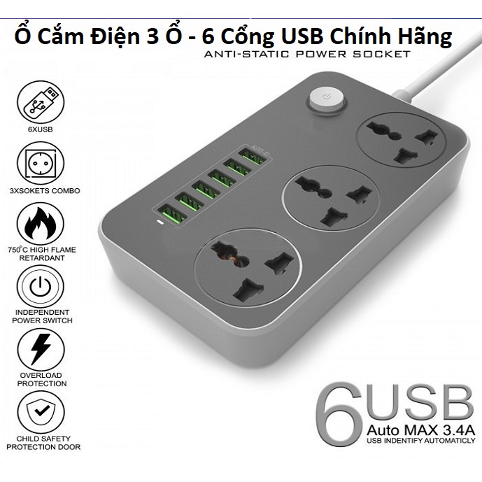 Ổ Cắm Điện Đa Năng Thông Minh Tiêu Chuẩn EU - 6 Cổng USB Hỗ Trợ Sạc Nhanh 3.4A Tích Hợp IC Chống Cháy, Nổ, Quá Tải