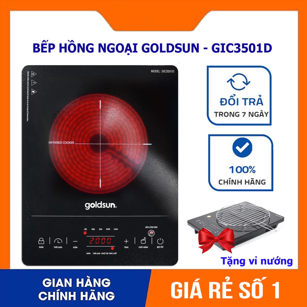 Bếp hồng ngoại Goldsun GIC3501D, Bếp điện hồng ngoại công suất 2000W tặng kèm vỉ nướng, mặt kính chịu nhiệt bảo 12 tháng