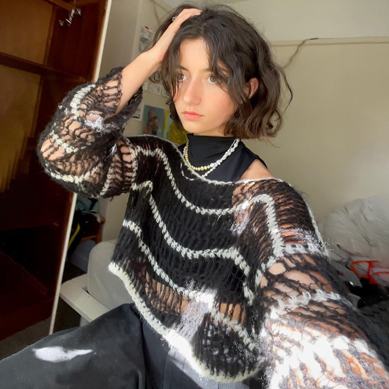 Áo Croptop Dệt Kim Dáng Rộng Phối Lưới Họa Tiết Kẻ Sọc Thời Trang Cao Cấp Cho Nữ