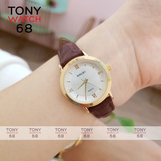 HP86 Đồng hồ nữ Halei dây da mặt vân đồng tâm viền mạ vàng chống nước chính hãng Tony Watch 68
