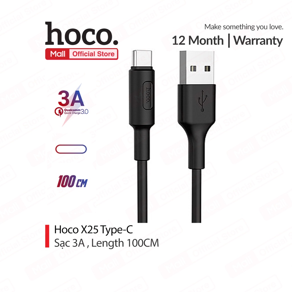 Cáp sạc 3A Hoco X25 Type-C dây PVC siêu bền tốc độ truyền tải nhanh cho Android dài 100CM