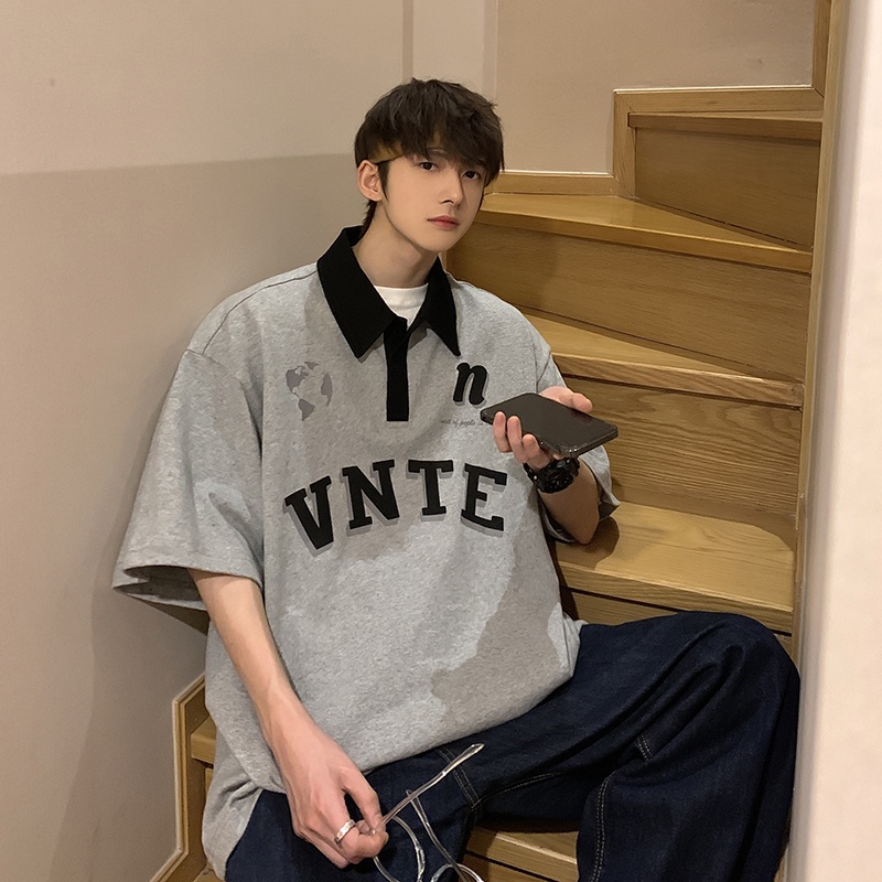 Áo polo Tay Ngắn Có Cổ In Chữ Phong Cách Hàn Quốc Thời Trang Mùa Hè Cho Nam