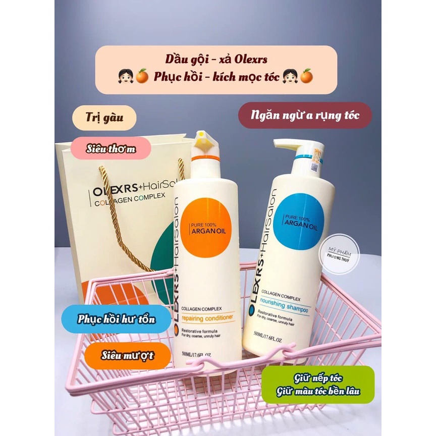 Cặp Dầu Gội Xả Olexrs Argan Oil Collagen 960ml Cho Tóc Khô Xơ Hư Tổn Tóc Gàu Ngăn Rụng Tóc. Hàng Chính Hãng