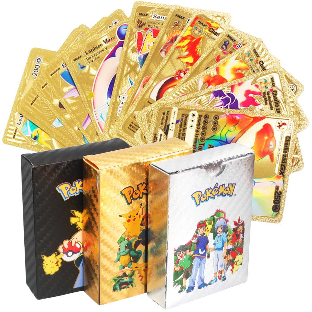 Bộ 55 Thẻ Bài Pokemon Kim Loại Màu Vàng Kim Vmax GX
