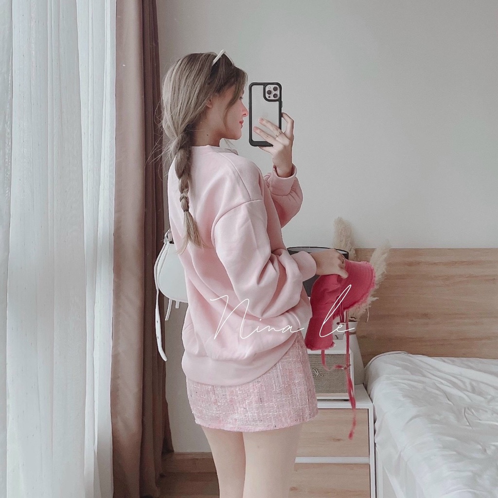 Sét váy nữ mùa thu áo nỉ họa tiết màu sắc hồng nhạt xinh thời trang nữ bánh bèo dạo phố