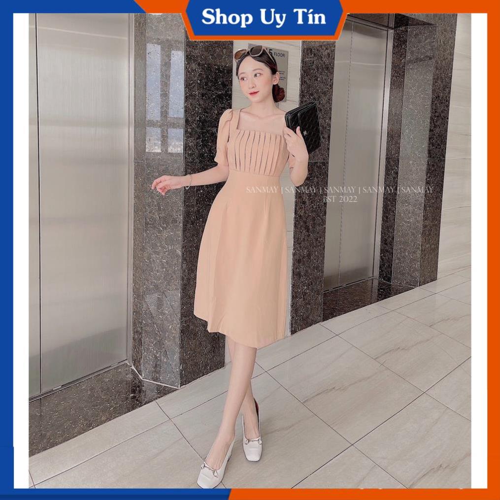 Đầm công sở  xếp cổ dáng suông tay phồng váy dự tiệc xếp ly cổ VD017 | BigBuy360 - bigbuy360.vn