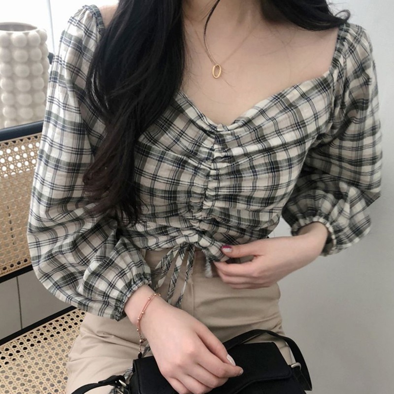 Áo kiểu tay dài cổ chữ V thiết kế dây rút thanh lịch | BigBuy360 - bigbuy360.vn