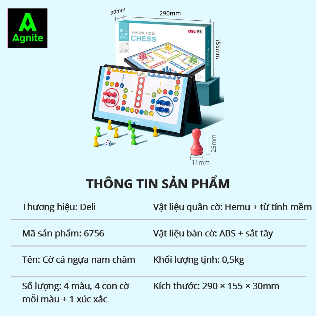 Bộ cờ cá ngựa nam châm Agnite cỡ 30*30, hàng chính hãng loại đẹp, đồ chơi nhựa cao cấp quân cờ thhiết kế tỉ mỉ  - 6756