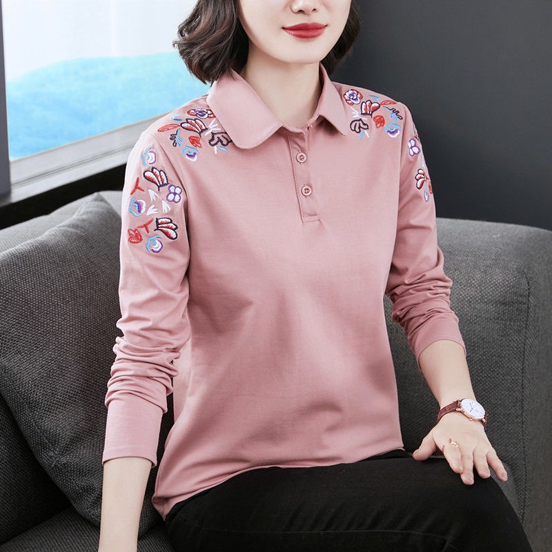 Áo polo 100% cotton Tay Dài Thêu Họa Tiết Thời Trang Mùa Thu Dành Cho Nữ Trung Niên 2022